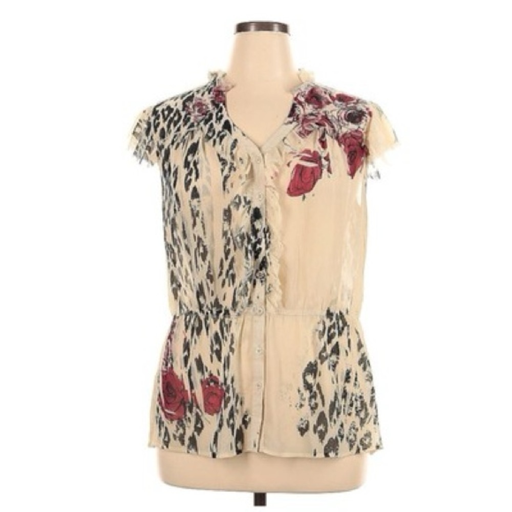 Jonathan Martin Womens Plus Size 2X Button Down Blouse Beige Animal Print Floral